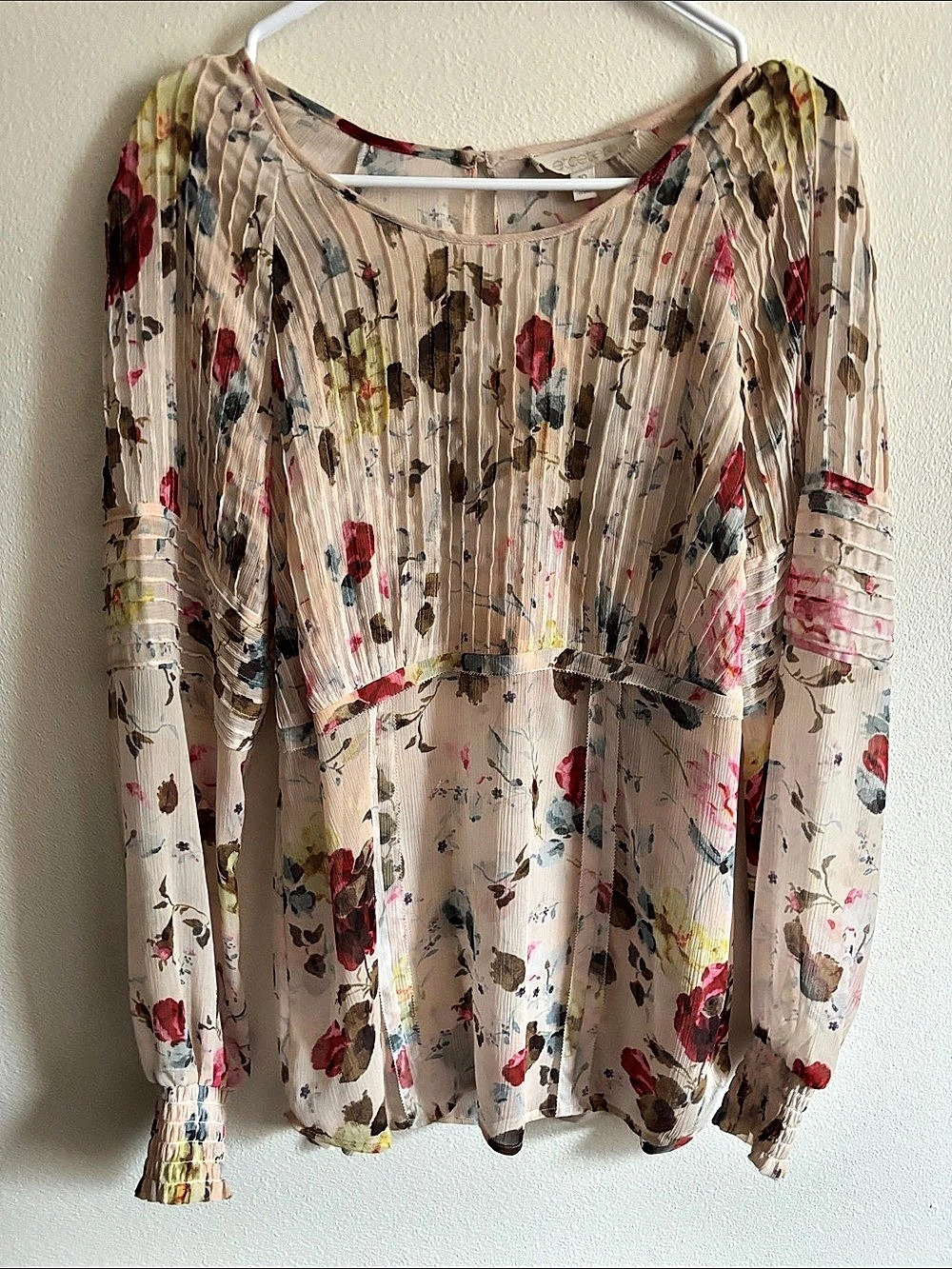 Vintage Etcetera 10 Floral Pleated Long Sleeve Blouse Beige & Red
